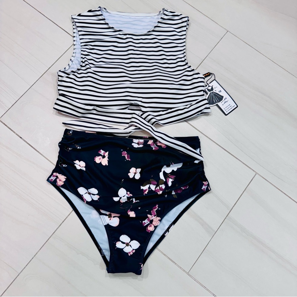 Retro Style Multicolor Floral Stripe Print High Waisted Bikini Set.